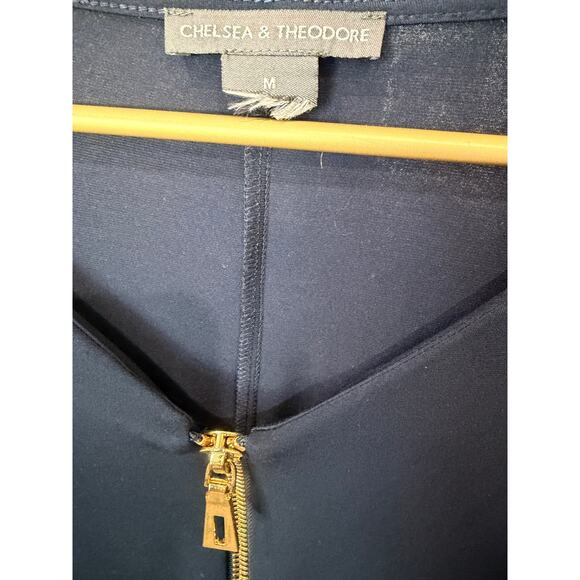 Chelsea & Theodore Navy Tunic Top Women’s M Gold Quarter Zip High‑Low Hem EUC - Picture 4 of 4